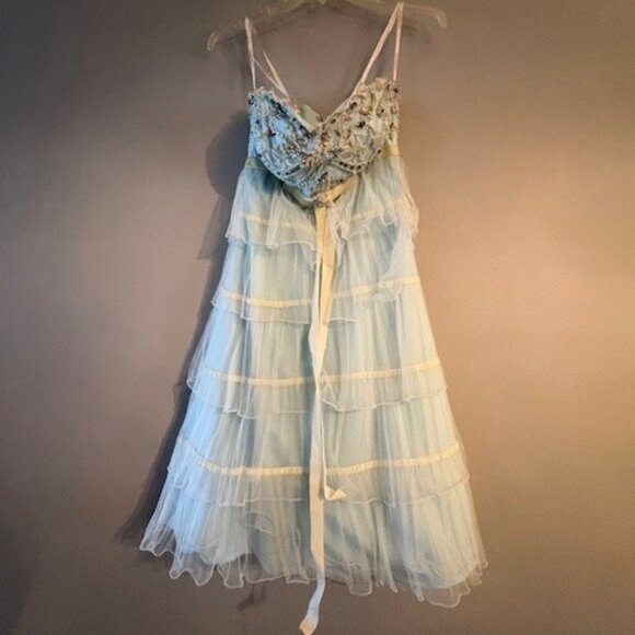 Alyce Paris Dresses & Skirts - Alyce Paris Light Blue and Cream Strapless Ruffled Dress